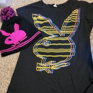 Playboy Black Graphic Tee and Beanie Set